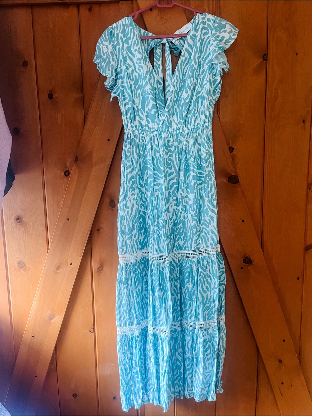 Walker & Wade Turquoise Patterned Maxi Dress with Tie Neck